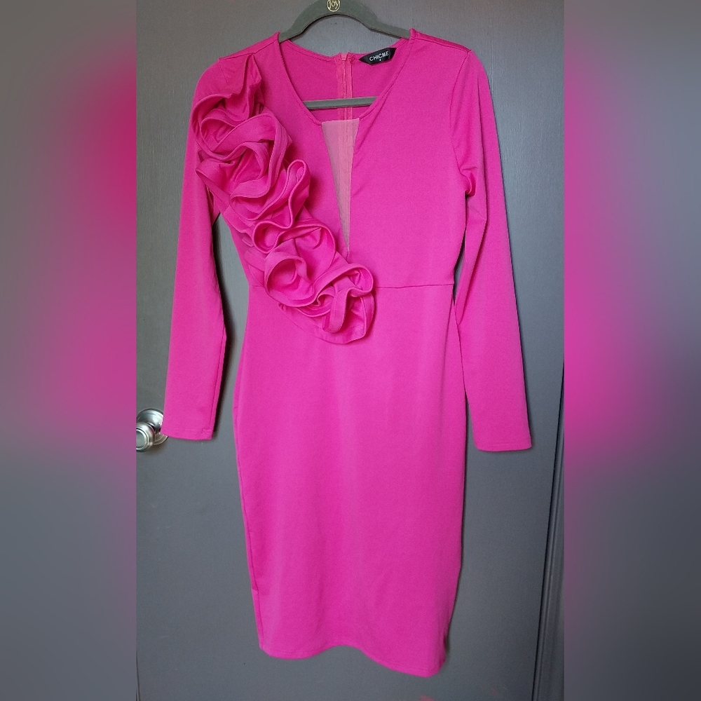 Chicory Hot Pink Long Sleeve Ruffle Sheath Dress